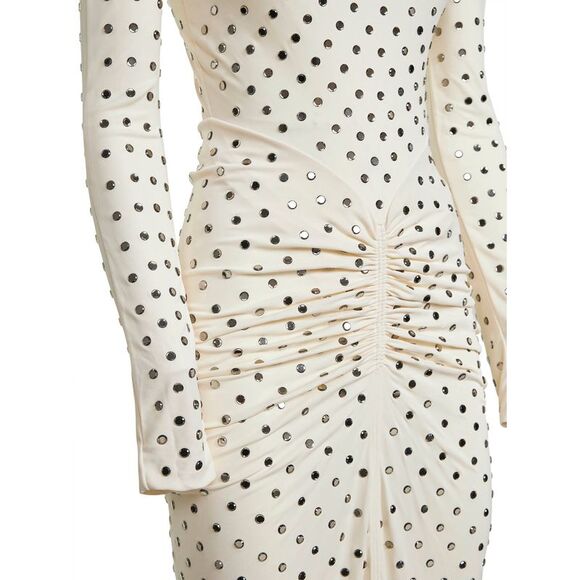 Alaïa Women Ivory Draped Jersey Rhinestone-Embellished Long Dress